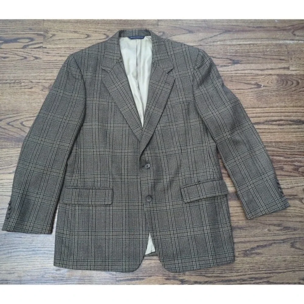 Brooks Brothers‎ Sz 42RG Brown Tan Glen Plaid Lambswool Cashmere Jacket Made USA